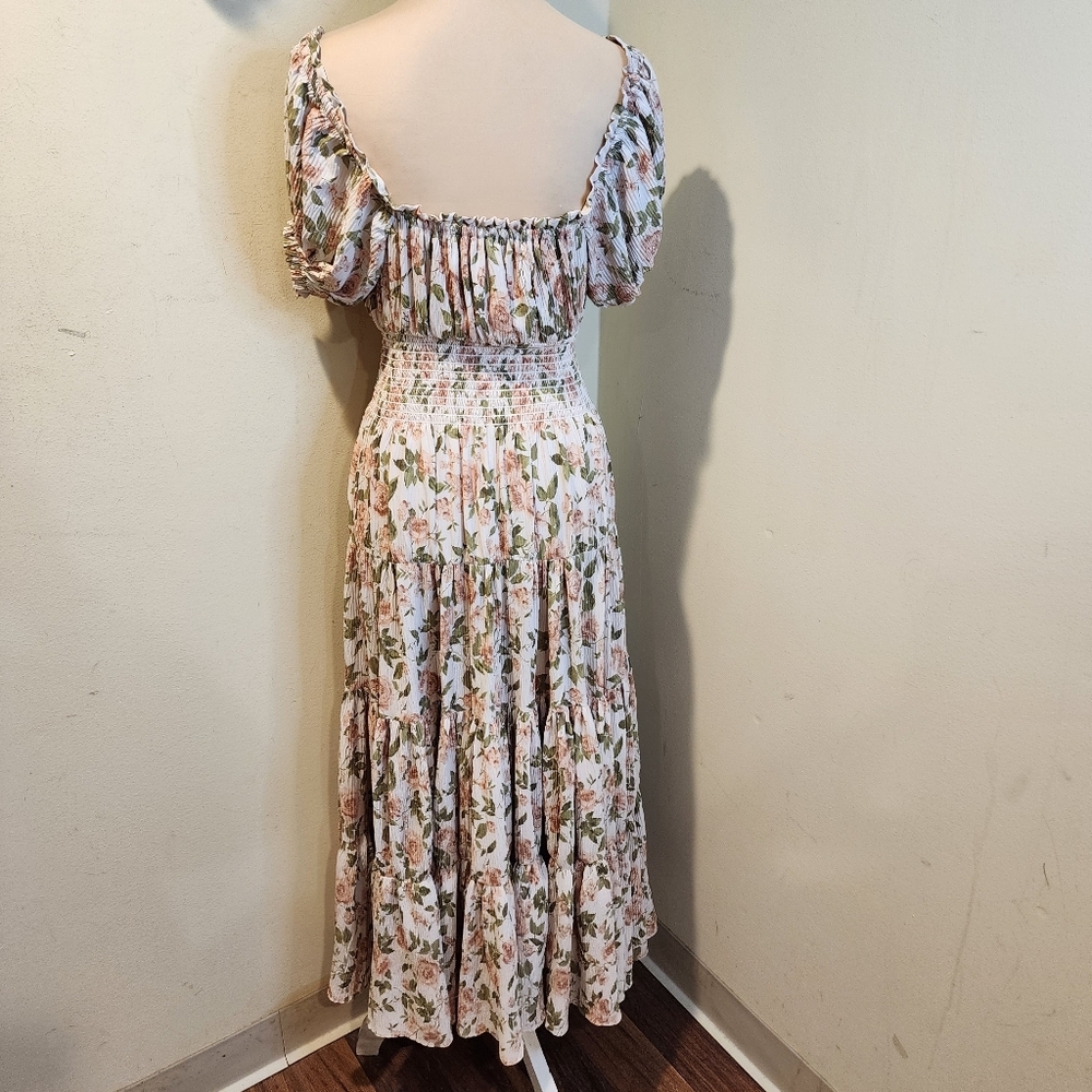 O.P.T Smocked Floral Maxi Dress in Blush & Leaf Green Sz S - Picture 12 of 13